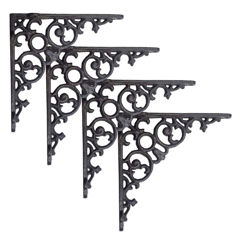NACH Decorative Shelf Brackets, 4 Pack of 8 x 1.6 x 8 inch, Black Cast Iron Shelf Support Bracket - Metal Shelf Brackets for Wall - Victorian Shelf Bracket - Image 1